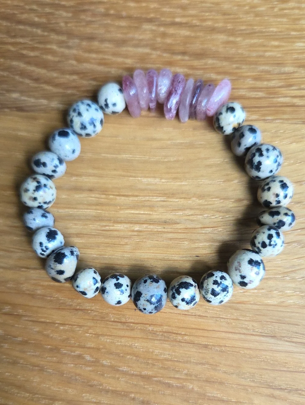 Dalmatian Jasper & Strawberry Quartz Beaded Stretch Bracelet | Handmade